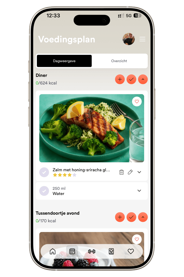 De dagweergave van het voedingsplan in de Tante Tas App, met het diner van 624 kcal, het gerecht zalm met honing-sriracha en een avondtussendoortje van 170 kcal
